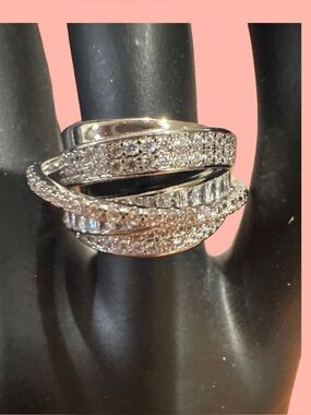 Silver Tone Pave Crystal Multi-Row Statement Ring